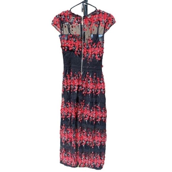 Bronx And Banco Gloria Midi Black Mesh in Red Floral Embroidery Dress - Picture 2 of 6